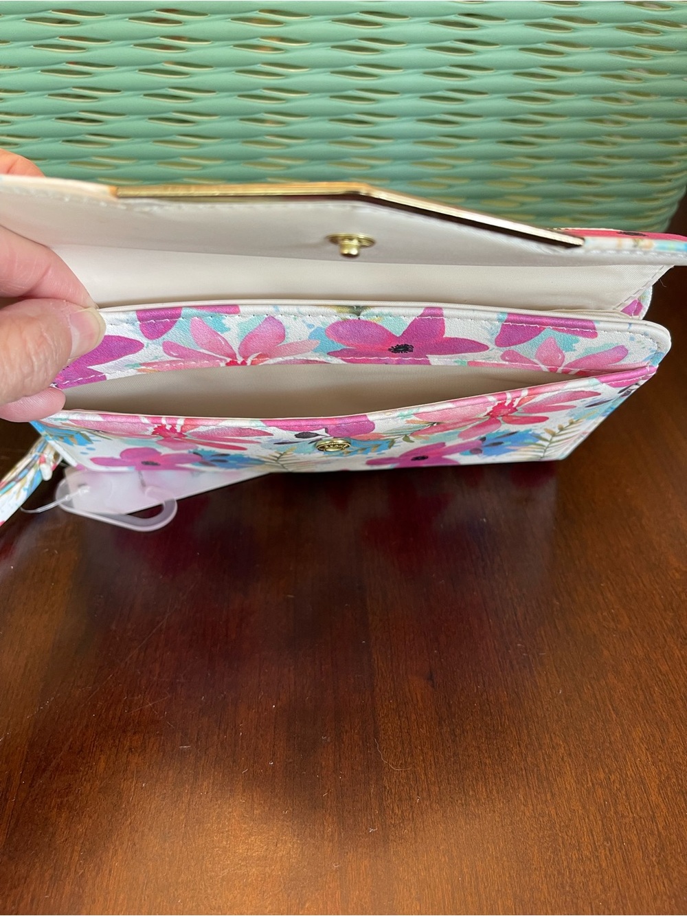 NWT Time and Tru Pink & Blue Floral Wristlet Wallet with Gold Trim - Picture 8 of 9